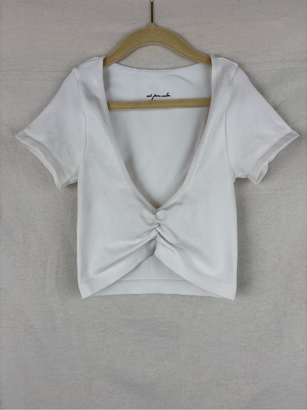 Urban Outfitters White Ribbed Ruched V-Neck Stretchy Crop Top